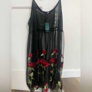 See through, rose appliqué, size large, dress